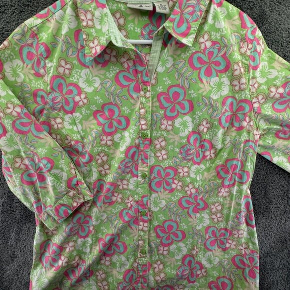 Duck Head Medium Women Button Up Floral Shirt Green Pink 1/2 Sleeve Stretch - Picture 1 of 14